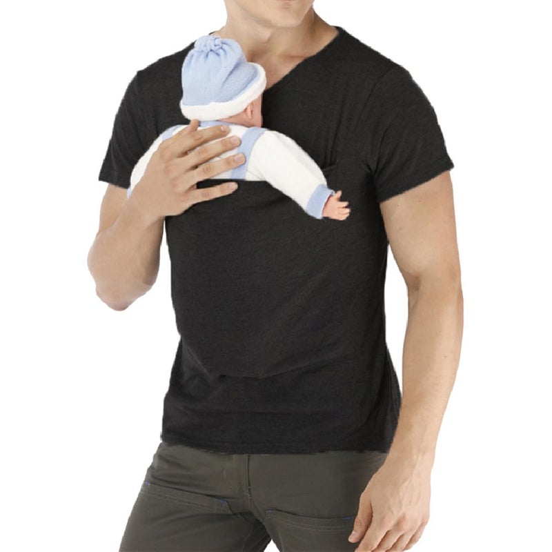 amropi Men's Baby Carrier Soothe V Neck Short Sleeve Kangaroo T Shirt (Black,XXL) - Image 5